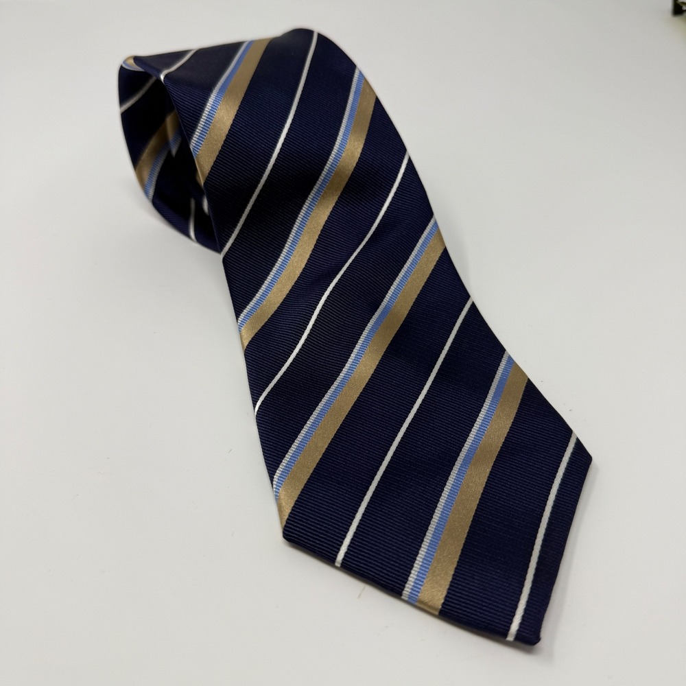 Dockers Mens Silk Tie Navy Blue Tan Light Blue Striped Stain Resistant Handmade